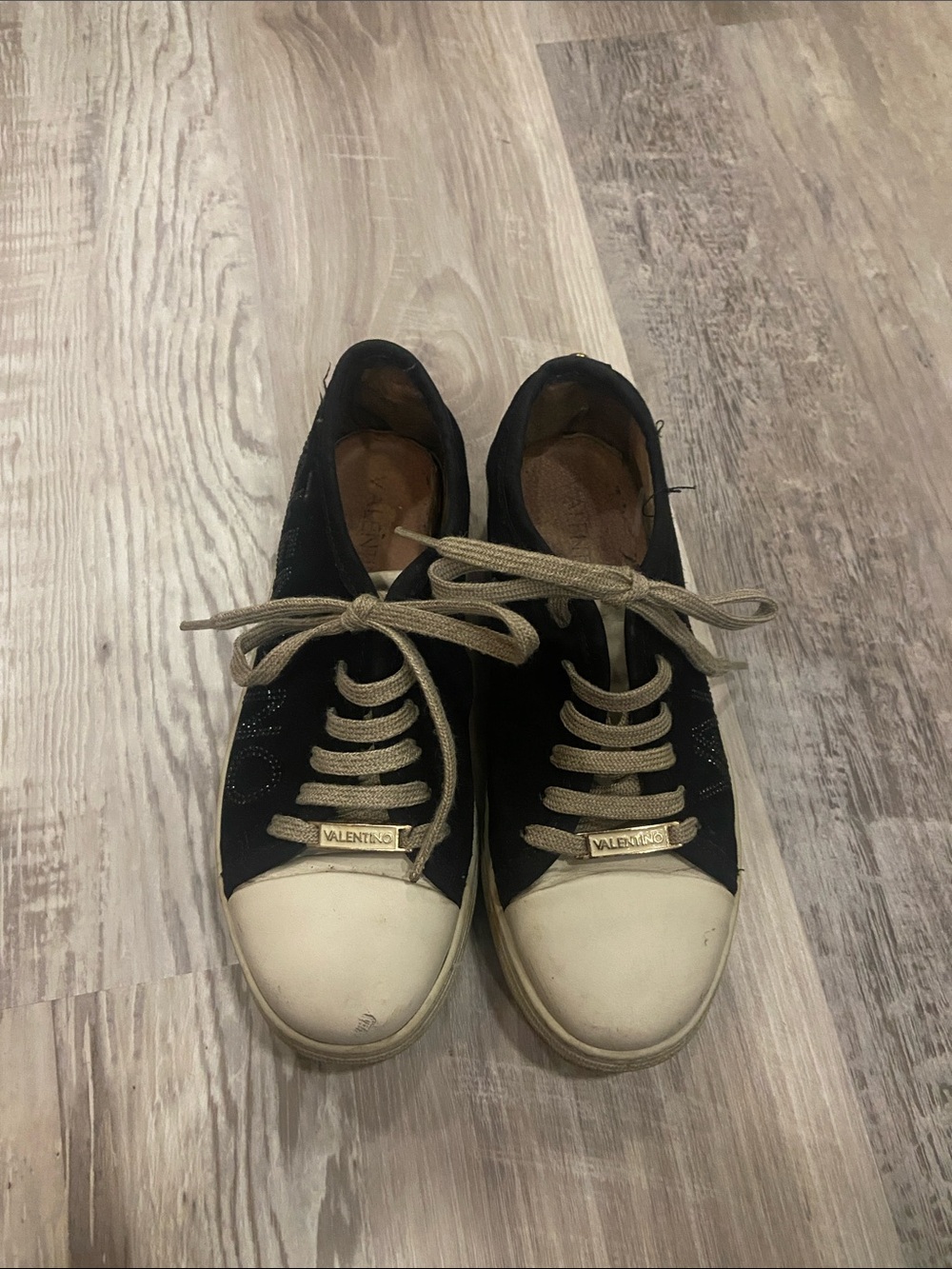 Valentino Black and White Low-Top Sneakers with Beige Laces